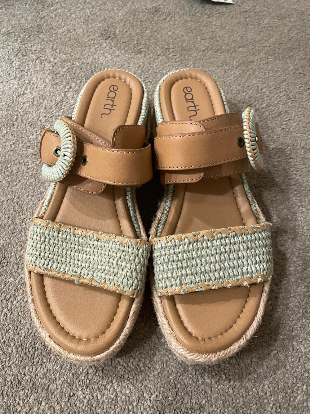 Earth tan and light sage espadrille slide sandals